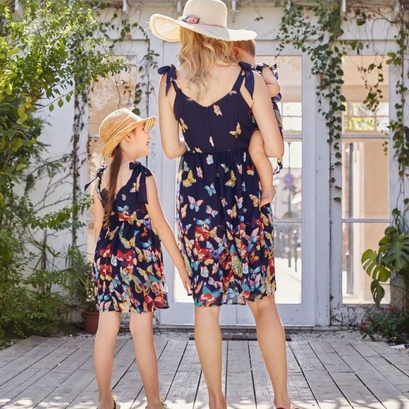 Mommy and Me Dresses Matching Set Floral Printed Bowknot Shoulder Straps nwt - Picture 3 of 5